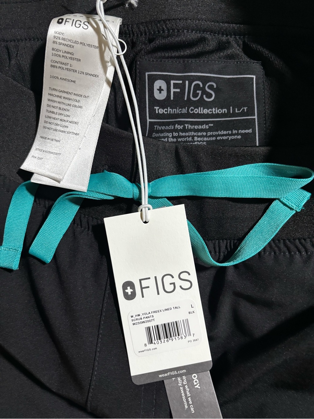 FIGS Women’s High Waisted Yola FreeX Lined L/TBlack Joggers with Teal Drawstring